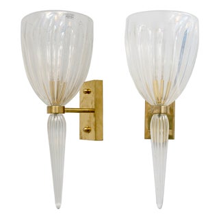 Italian Murano Iridescent Glass and Brass Wall Sconces, 1990, Set of 2 For Sale