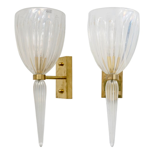 Italian Murano Iridescent Glass and Brass Wall Sconces, 1990, Set of 2 For Sale
