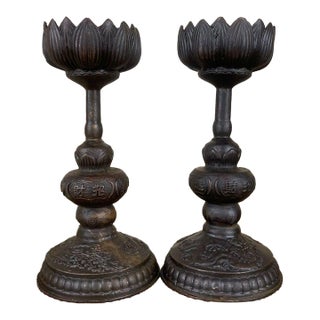 Pair of Bronze Lotus Candlesticks – 5.9" Buddhist Altar Candle Holders With Dragon Base For Sale