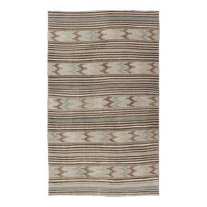 Mid 20th Century Turkish Hand Woven Flat-Weave Embroideries Kilim in Taupe Brown and Lt. Blue