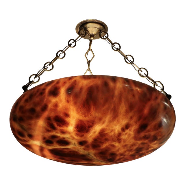 Art Deco Variegated Alabaster & Bronze Pendant Chandelier For Sale