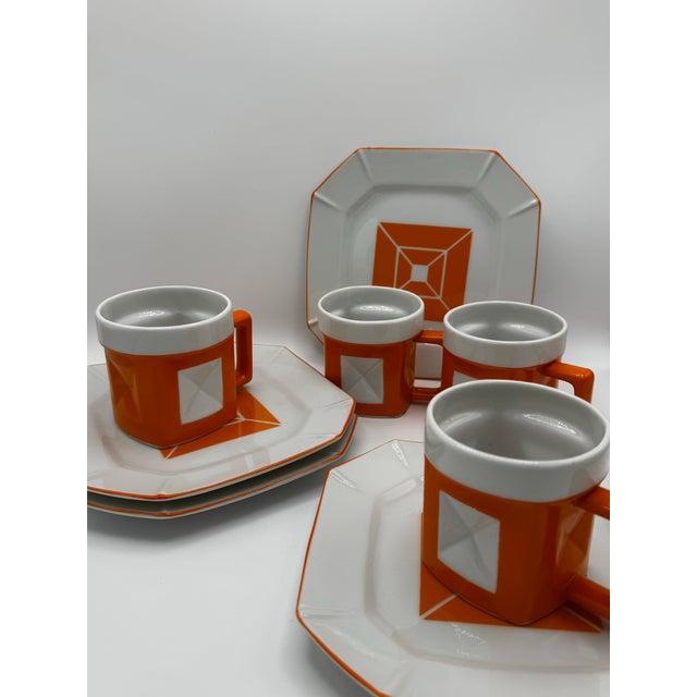 1950s 1950s Mid-Century Modern Trend by Nasco Geometric Orange and White Ceramic Mug and Saucer Set - 9 pcs For Sale - Image 5 of 11