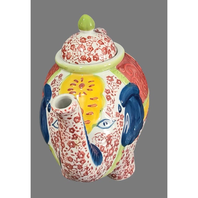 Late 20th Century Vintage Hand Painted Colorful Floral Whimsical Lucky Elephant Teapot For Sale - Image 5 of 8