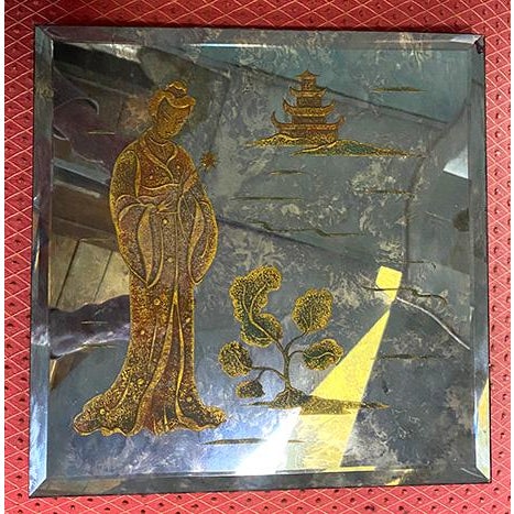 Asian Mid Century Verre Eglomise Reverse Painted Glass Mirrored Plaque For Sale - Image 3 of 5