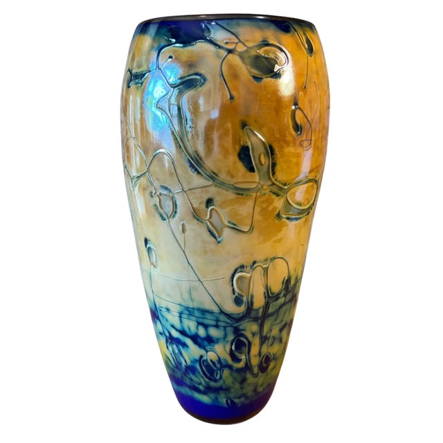 Abstract Textural Art Glass Amber Blue Ovoid Vase For Sale - Image 9 of 17