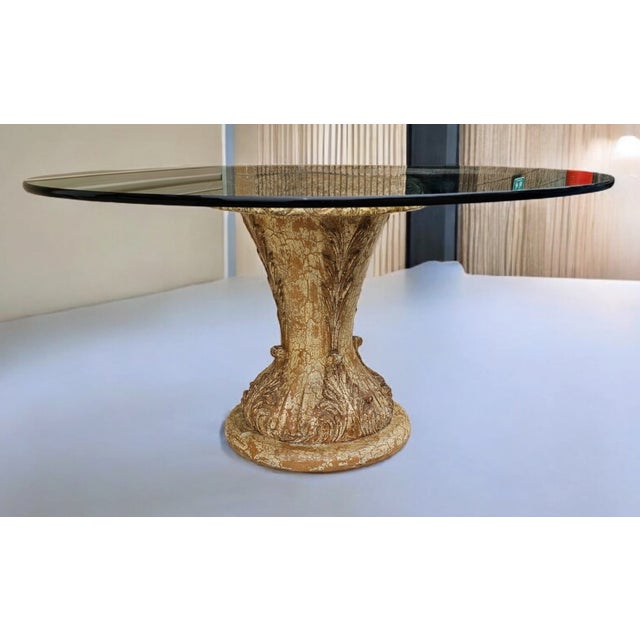 Mid-Century Modern 60" Glass Top on Solid Carved Distressed Paint and Gilt Wood Base Dining Table For Sale - Image 3 of 9