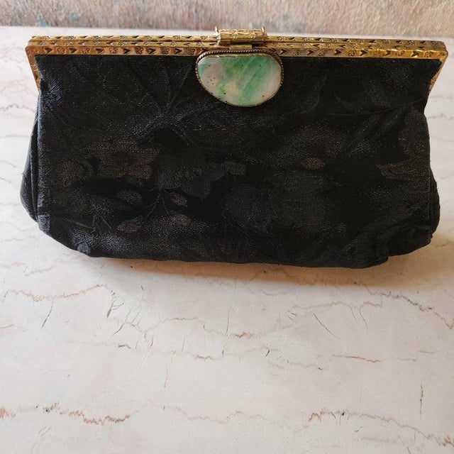 Mid-Century Modern 1960s Gumps Black Brocade Bag Jade Clasp Hong Kong For Sale - Image 3 of 10
