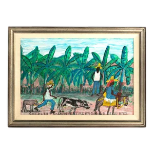 Mid 20th Century Original Signed Haitian Artist Gervais Emmanuel Ducasse "Ches Les Paysans Entre Arcanhsie Et St' Ard", Framed