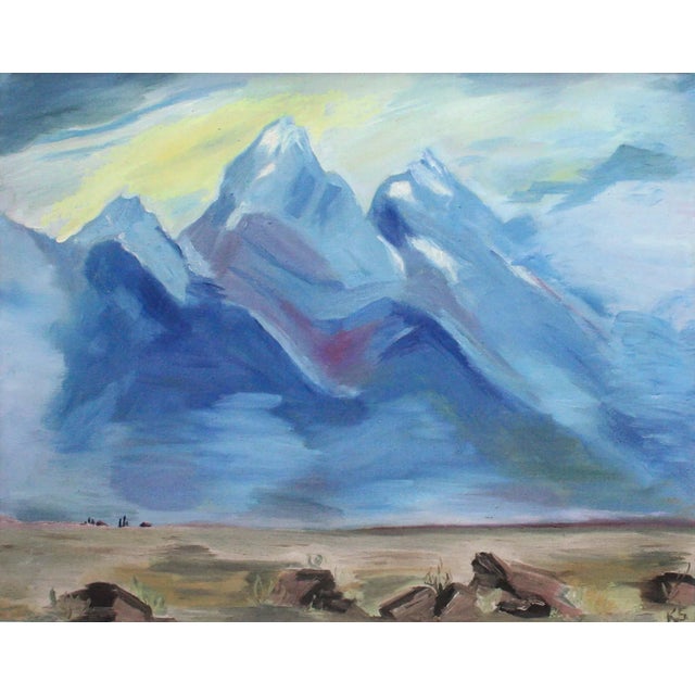 Blue Mountains, Vintage 1970s Desert Landscape Expansive landscape of a monumental mountain range in blue and purple tones...