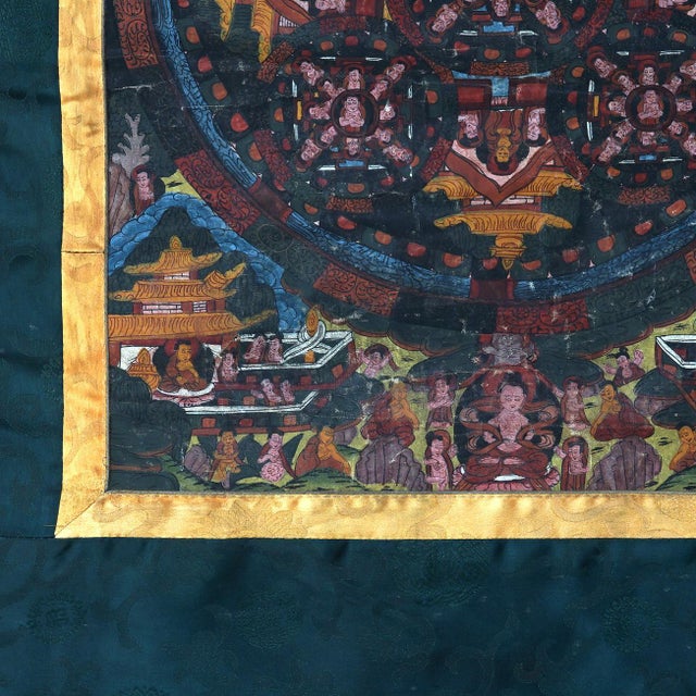 Antique Tibetan Hand Painted Silk and Canvas Thangka with Figures, Circa 1920 For Sale - Image 11 of 12