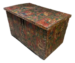Tibetan Hand Painted Wood Rectangular Monastery Wedding Traveling Chest