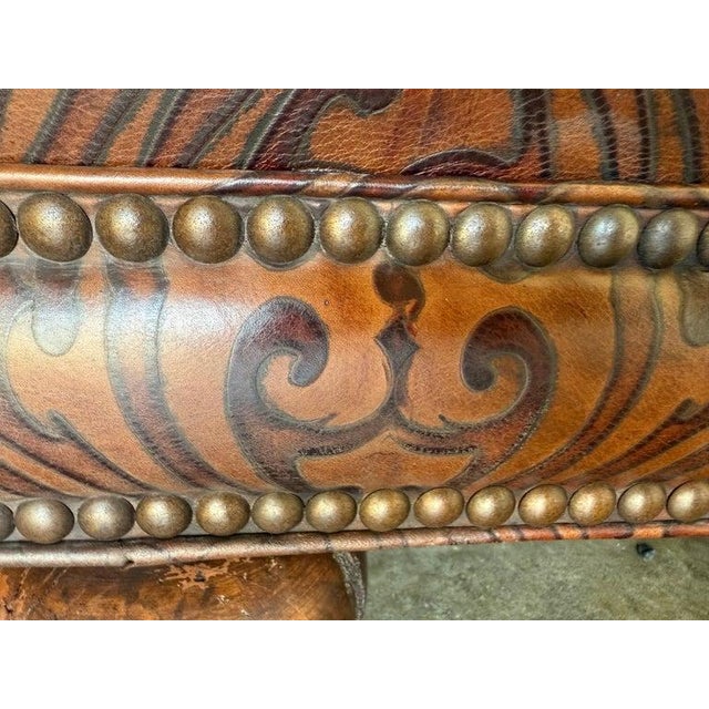 Spanish Colonial Style Embossed Leather Ottoman With Bun Feet For Sale - Image 10 of 12