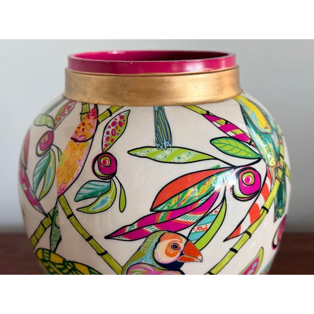 Dana Gibson Palm Beach Style Decorative Ceramic Ginger Jar- Tropical Theme Hot Pink, Green With Gilt Accents For Sale - Image 4 of 12