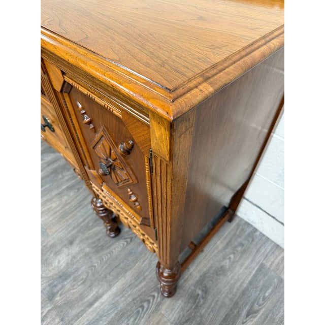 Wood Vintage American Jacobean Tudor Revival Walnut Buffet Sideboard Server For Sale - Image 7 of 16