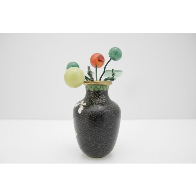 Chinese Black Flower Cloisonne Miniature Vase With Stone Flower Bouquet For Sale - Image 4 of 8