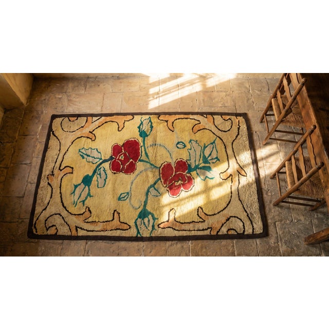 Considerable Yellow Mustard Color With Lovely Florid Design Antique American Hooked Rug For Sale - Image 10 of 12