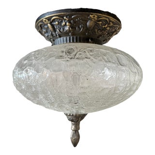 1970s Clear Crackle Glass Bulbous Hollywood Regency Flush Mount Ceiling Light Fixture For Sale