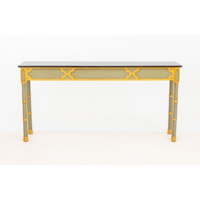 Gothic Style Green Painted Console Table, with faux marble painted wood top above gilt quatrefoil and arch decoration on...