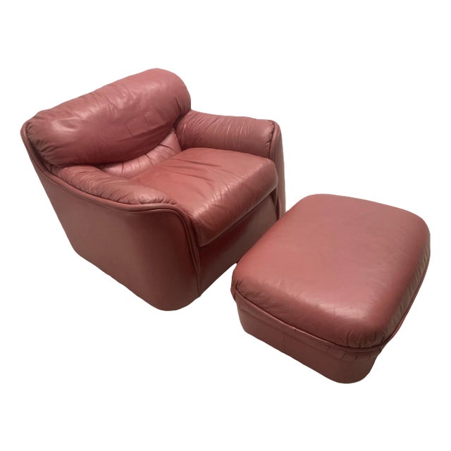 Late 20th Century Postmodern Overstuffed Leather Club Chair and Ottoman in Dusty Rose Leather by Leathercraft For Sale