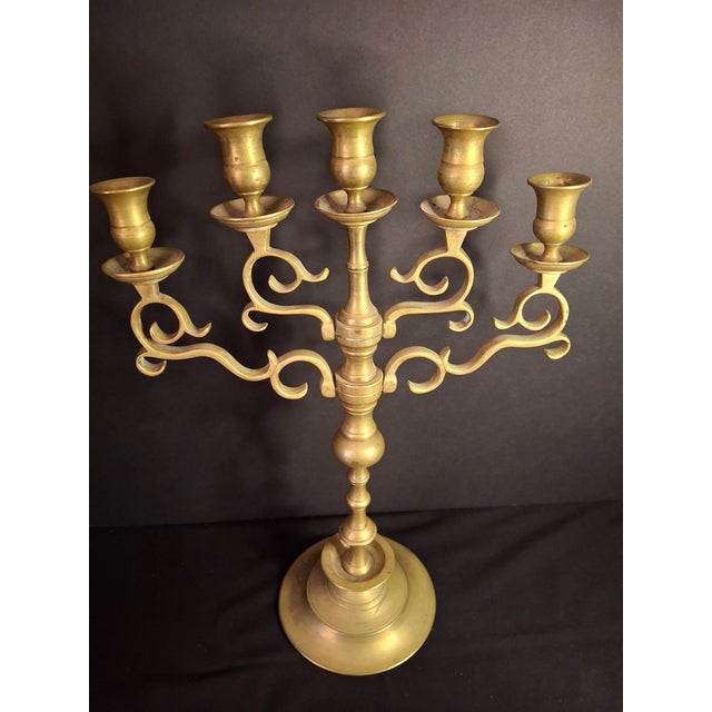 Antique Polish Brass 5 Light Sabbath Candelabra 19th C Judaica Menorah Candle For Sale In Boston - Image 6 of 18