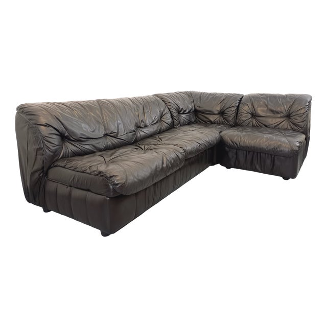 Vintage Corner Sofa in Black Leather with Integrated Bed, 1970s, Set of 3 For Sale