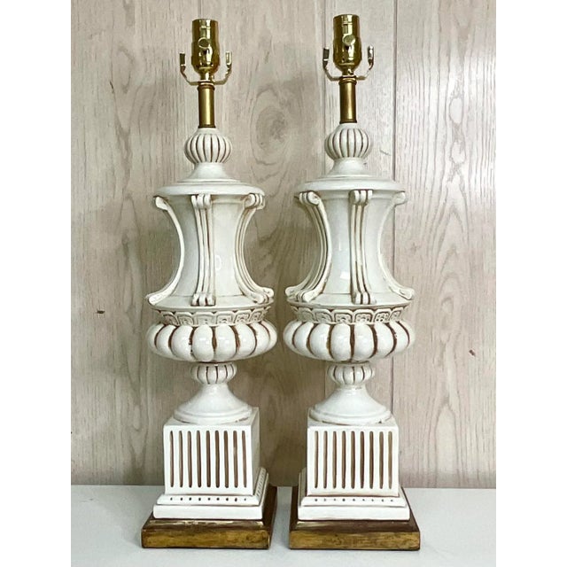 Off-white Vintage Italian Neoclassical Glazed Ceramic Urn Table Lamps – A Pair For Sale - Image 8 of 12