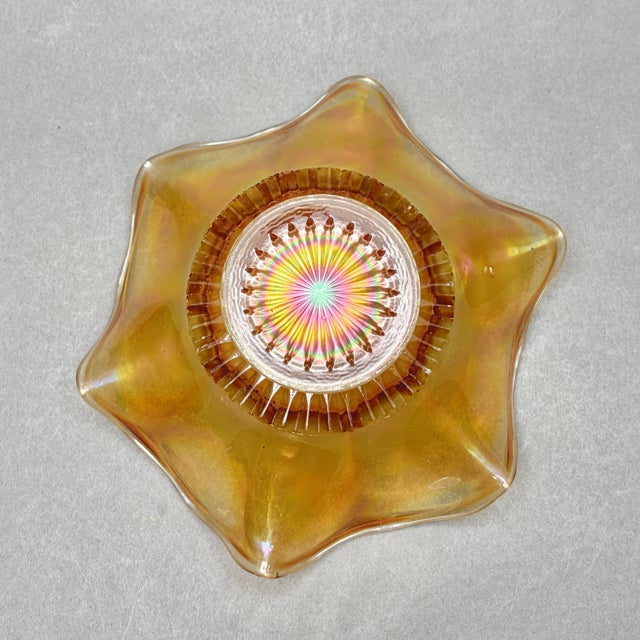 Glass Antique Imperial Glass “Optic Flute” Marigold Carnival Glass Ruffled Bowl For Sale - Image 7 of 7