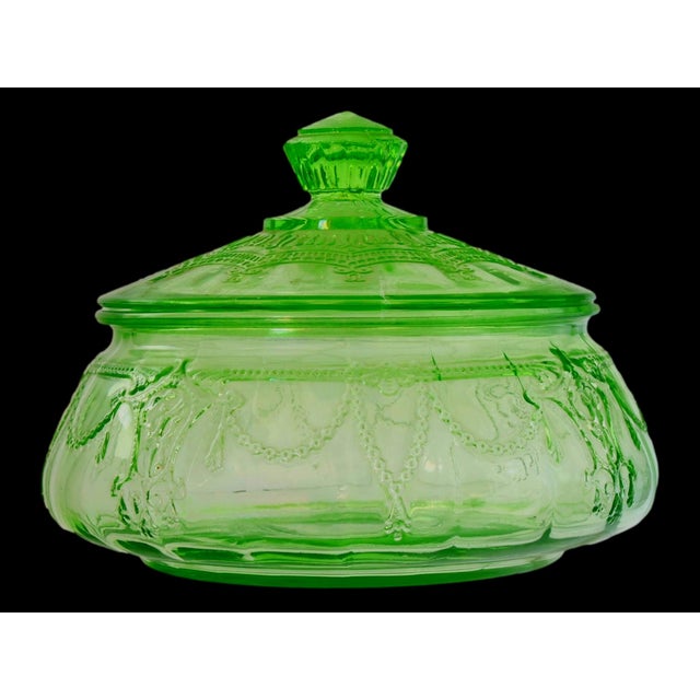 Rare Anchor Hocking Cameo, also known as Ballerina or Dancing Girl, covered candy jar in luminous green uranium glass...