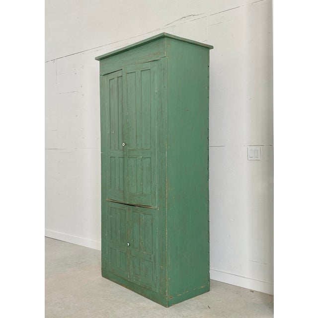 Primitive Painted Green Four Door Cabinet With Original Brass Sliding Lock For Sale - Image 13 of 18