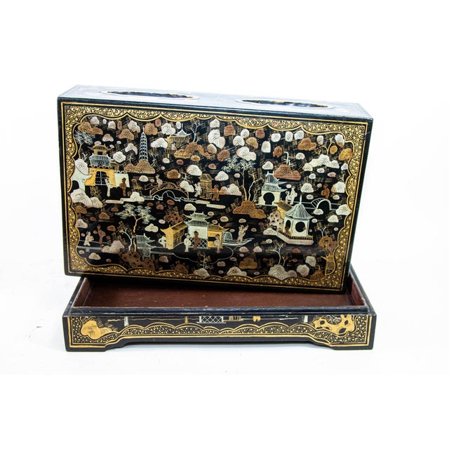 Japanese Large Chinoiserie Rectangular Black Lacquered Gilt Painted Covered Box 1950s For Sale - Image 3 of 12