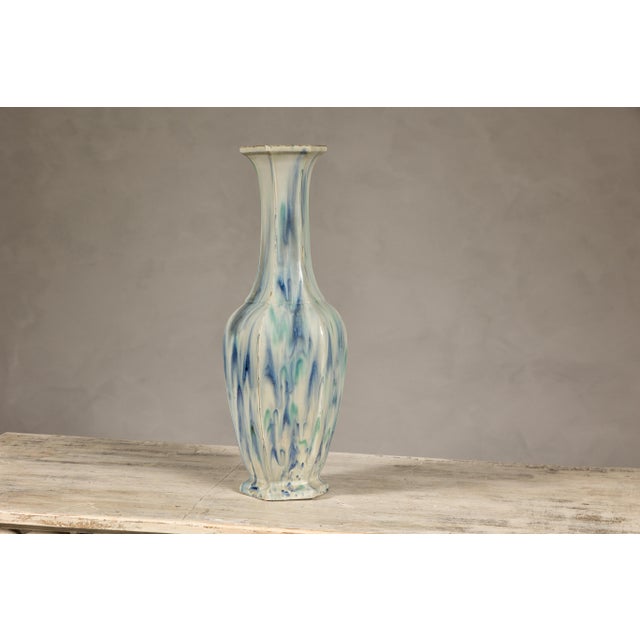 Ceramic Multi-Color Vase with Blue and Green Drip Accent on Cream Ground For Sale - Image 7 of 12