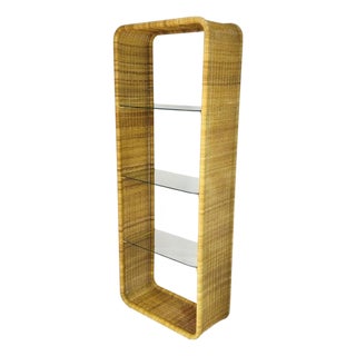 Wicker and Glass Etagere Bookcase Display Shelf Attributed to Founders, Mid Century Modern For Sale