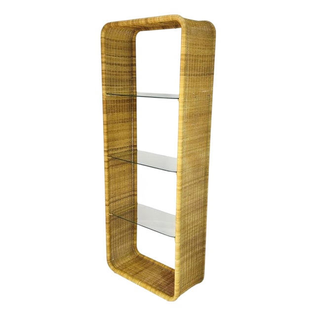 Wicker and Glass Etagere Bookcase Display Shelf Attributed to Founders, Mid Century Modern For Sale
