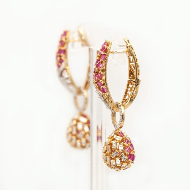 Late 20th Century Convertible 18k Yellow Gold Ruby and Diamond Drop Earrings- 2 Pieces For Sale - Image 4 of 11