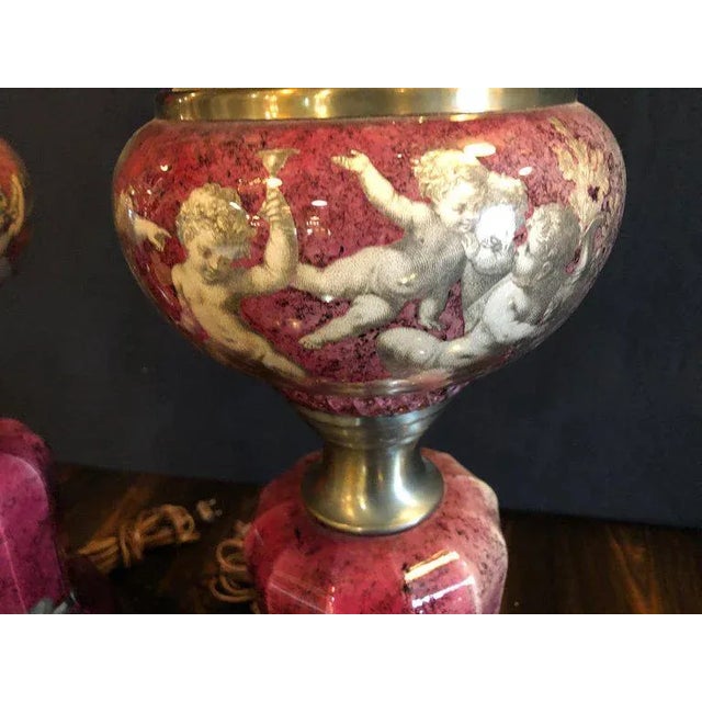 1930s Neoclassical Cranberry Glass Decoupage Cherub Decorated Table Lamps - a Pair For Sale - Image 5 of 11