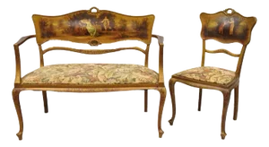 Early 20th Century Antique Victorian Art Nouveau Gold Giltwood Hand Painted Settee 2 Piece Parlor Set