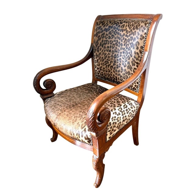 Antique Empire Style Leopard Print Animal Hide Carved Wood Arm Chair. In great condition. Approximate Size: 21" x 20.5" x...