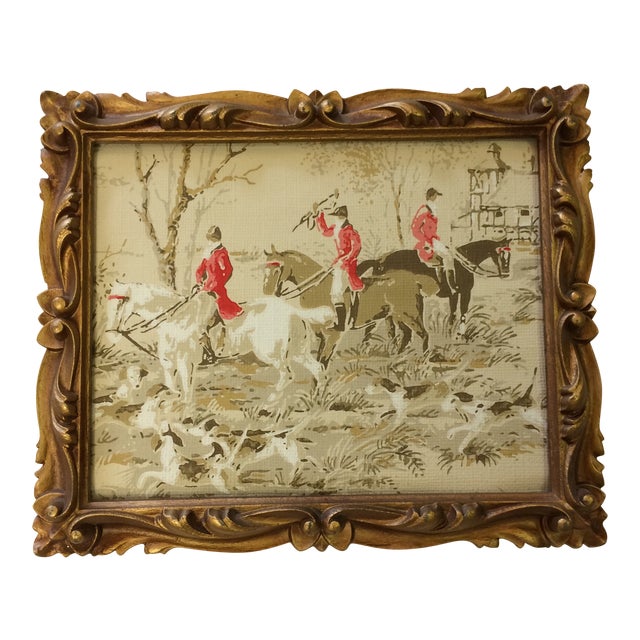 Framed Vintage Wallpaper "English Equestrian Hunting Scene" in Gilt