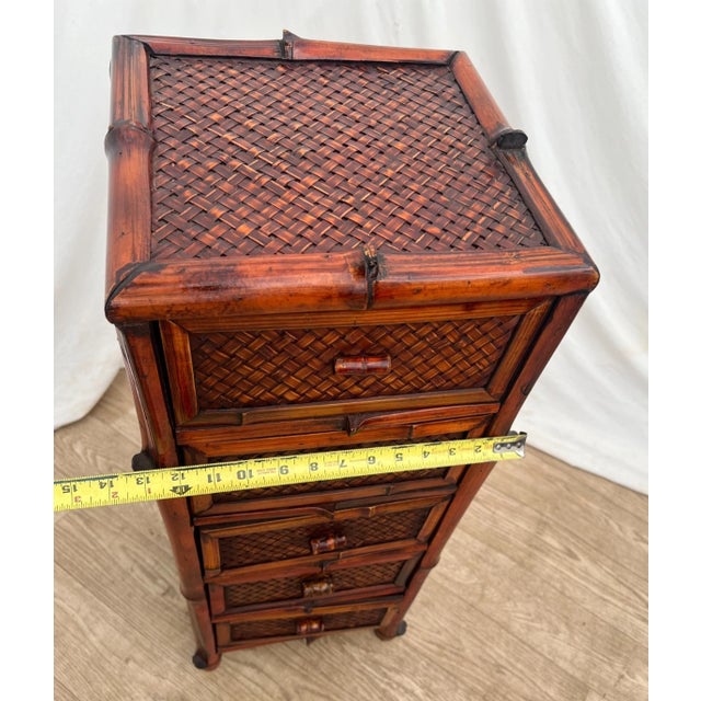 Vintage Nightstand Cabinet Chest Five Drawers Bamboo / Wicker Tiki Petite Size For Sale - Image 10 of 12