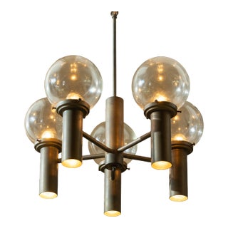 1960s Robert Long 5-Light Solid Brass & Hand-Blown Glass Chandelier, California Modern For Sale