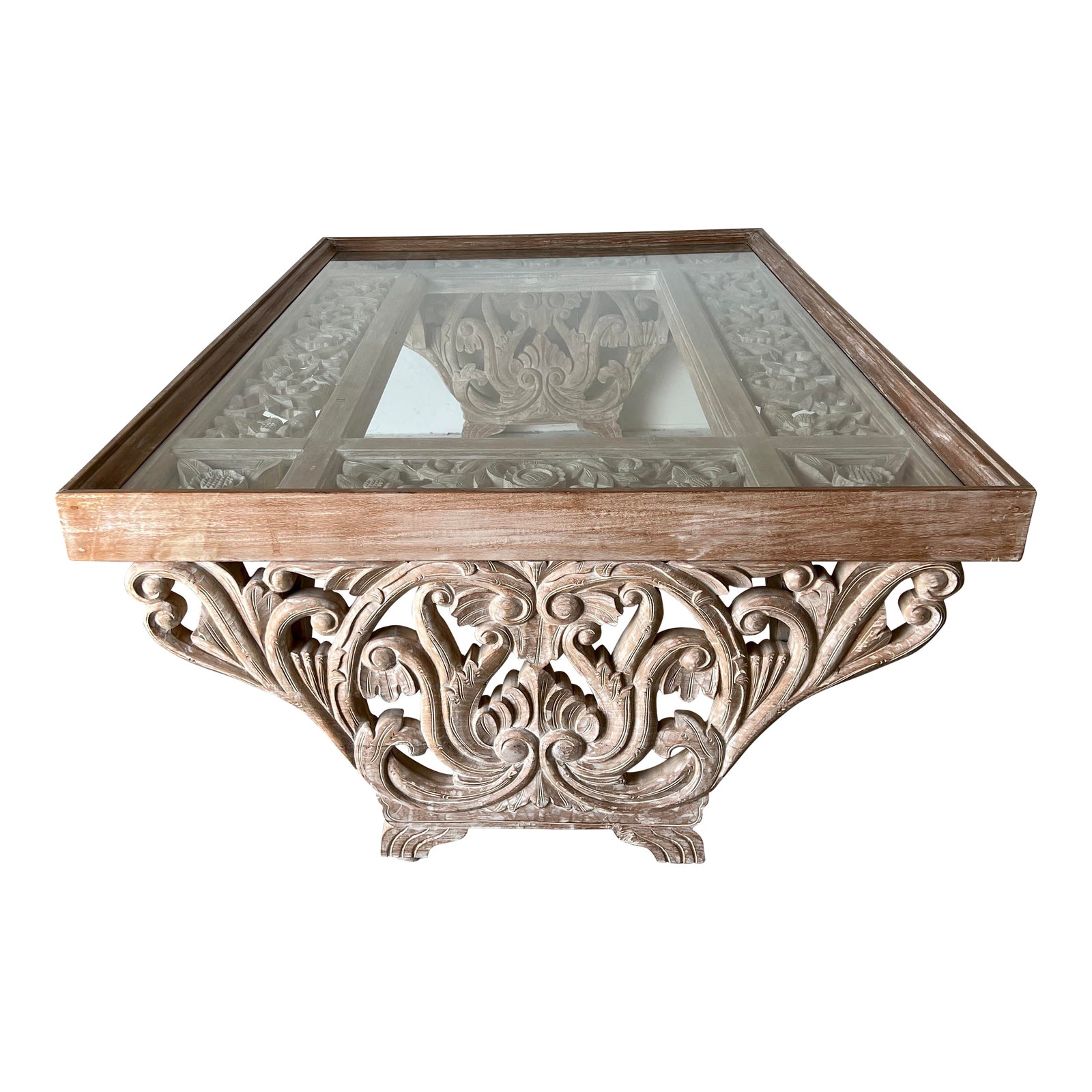 Vintage Hand Carved Wood Indian Design Coffee Table W/ Glass Top Chairish
