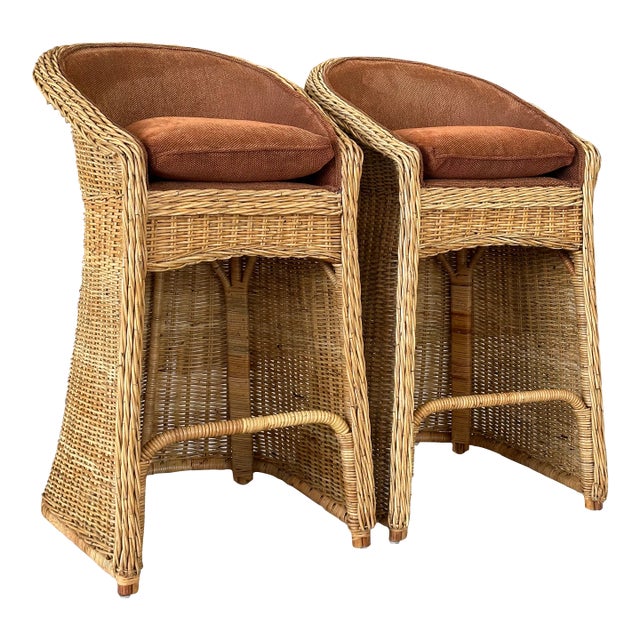 Pair 1980’s Coastal Large Braid Rattan Bar Stools For Sale