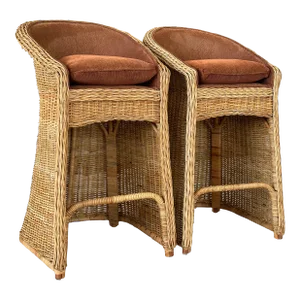 Pair 1980’s Coastal Large Braid Rattan Bar Stools