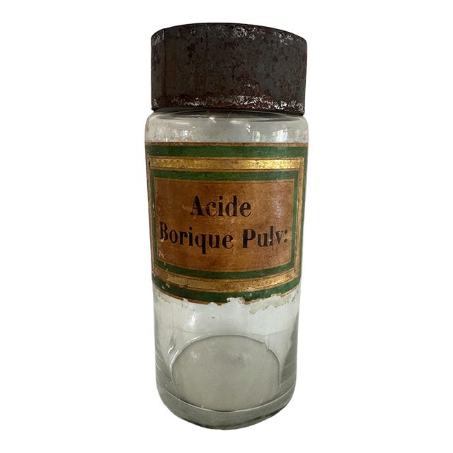 Antique French Apothecary Jar “Acide Borique Pulv:” – 19th Century Glass Pharmacy Bottle With Original Label For Sale