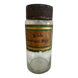 Antique French Apothecary Jar “Acide Borique Pulv:” – 19th Century Glass Pharmacy Bottle With Original Label