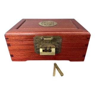 Chinese Asian Wooden Jewelry Box Brass Red Lined Trinket Chest W/Key + Lock Vintage For Sale