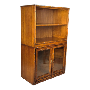 Vintage Chinoiserie Coastal Faux Rattan Bookshelf Cabinet