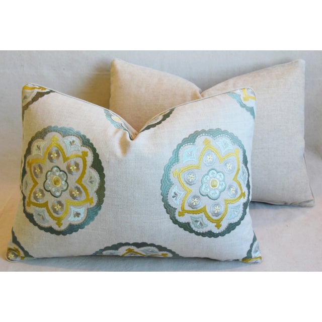 Designer Embroidered Medallion Linen Feather/Down Pillows 22" X 17" - Pair For Sale - Image 10 of 13