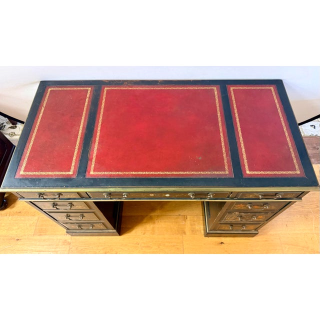 Wood Chinoiserie Ebonized Hand Painted Kneehole Leather Top Desk For Sale - Image 7 of 12