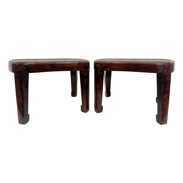 Hardwood Low Tables With an Inset Antique Japanese Leather Saddle Top—A Pair For Sale